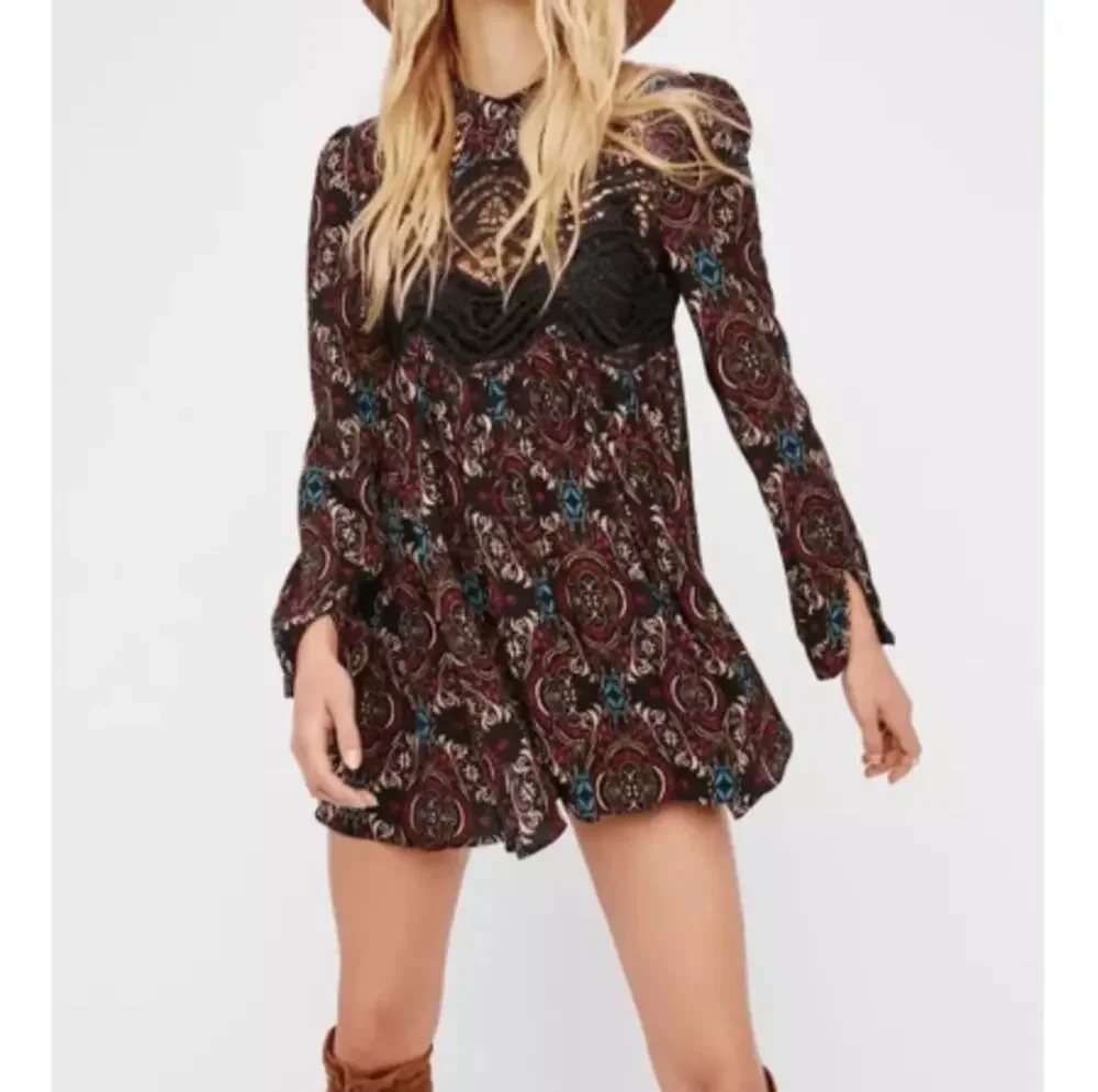 NEW FREE PEOPLE Black Paisley Print Tunic Dress Size S